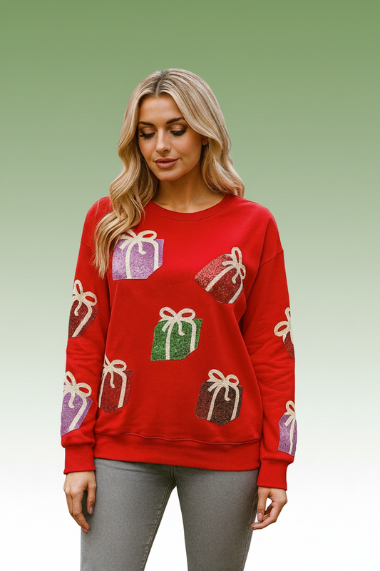 0055 Red Sequin Wrapped Present Holiday Sweater