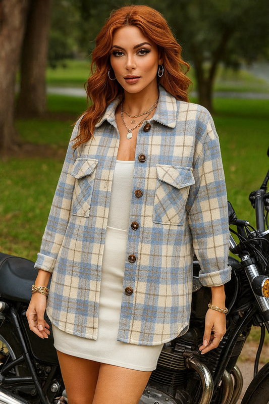 058S Sky Blue & Cream Plaid Shacket