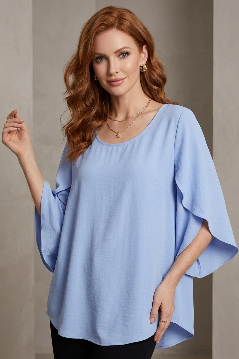 5514 Powder Blue Split Bell Sleeve Top Plus