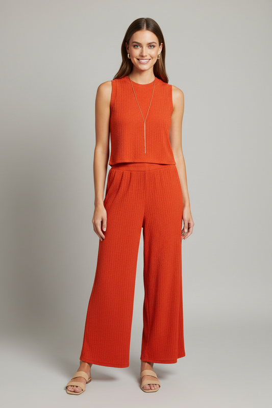 IRIS-1S Spiced Orange Sleeveless Crinkle Top & Wide-Leg Pant Set