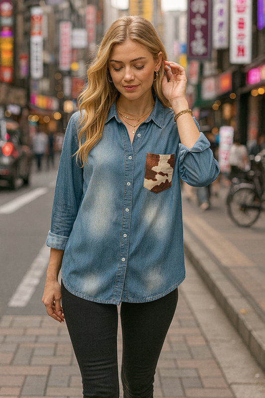 20002 Stonewash Chambray with Cow Print