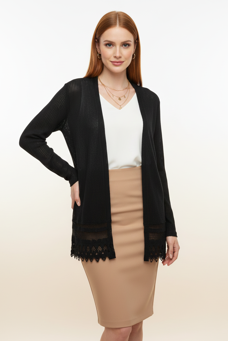 15183 Black Knit Cardigan with Lace Hem