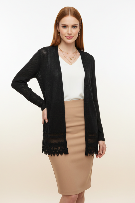 15183 Black Knit Cardigan with Lace Hem