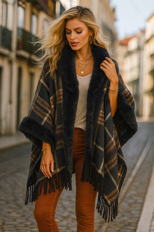177 Navy Blue & Beige Plaid Accents Poncho Wrap