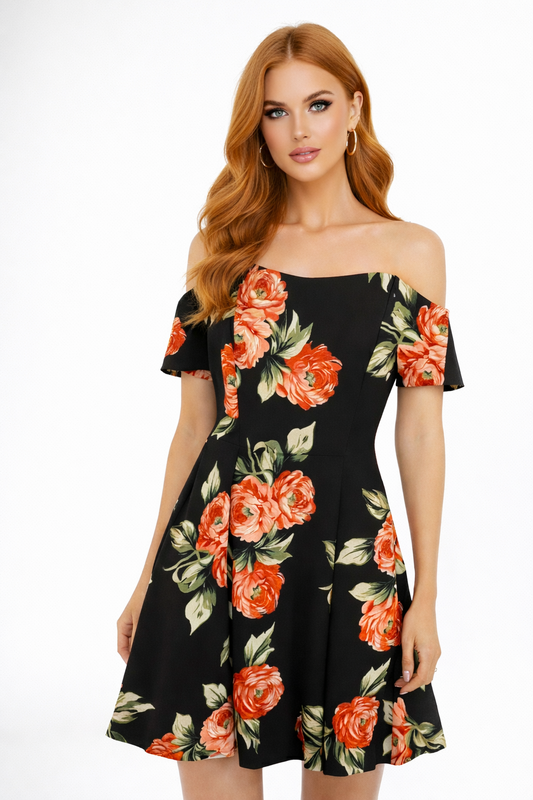 23615 Midnight Blossom Off-Shoulder Dress