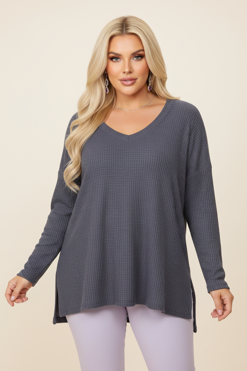 25086 Chic Gray Waffle V-Neck Top Plus