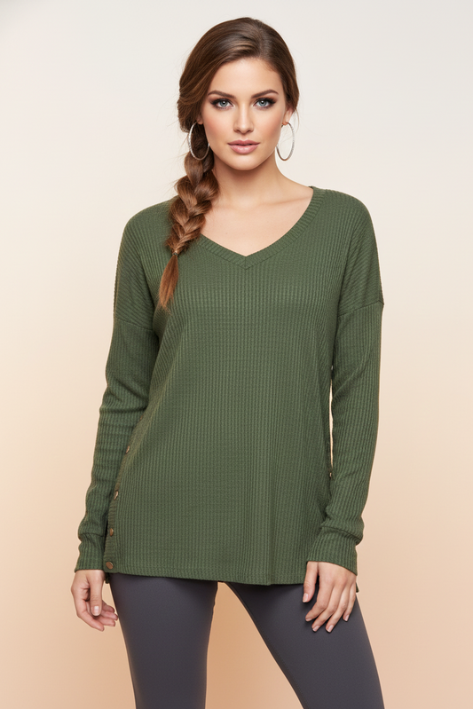 2745 Waffle Knit V-Neck Green Top with Adjustable Side Snaps Plus