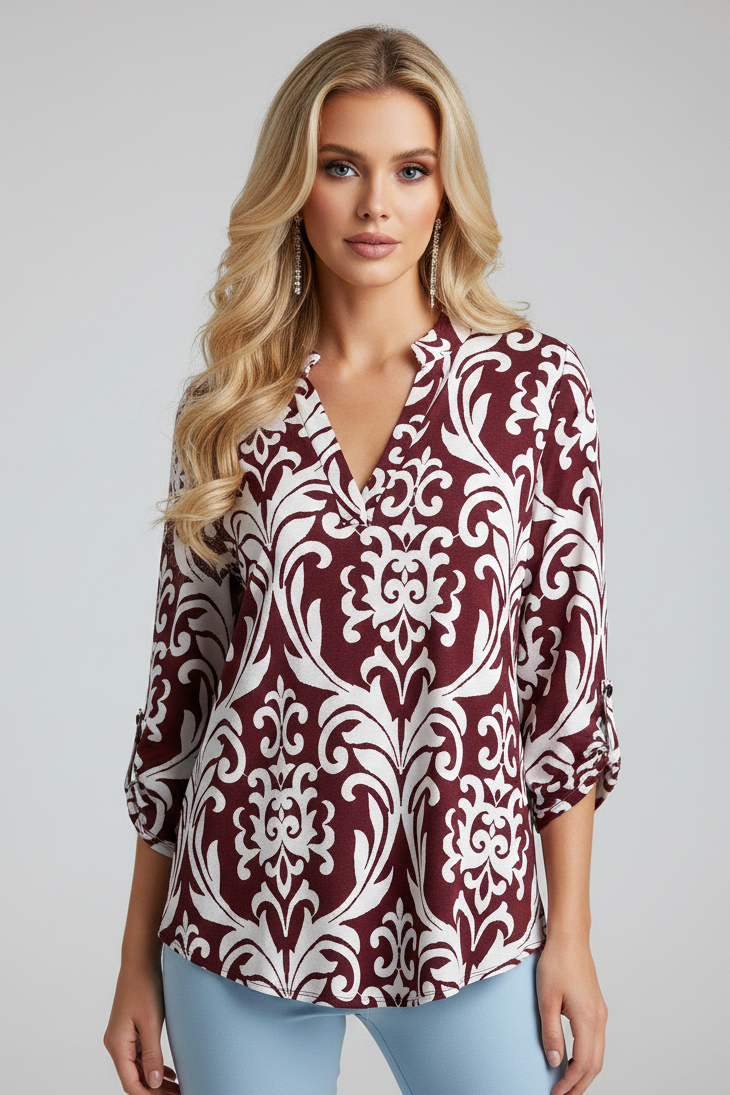 3288 Maroon & White Baroque Print V-Neck Tunic Top