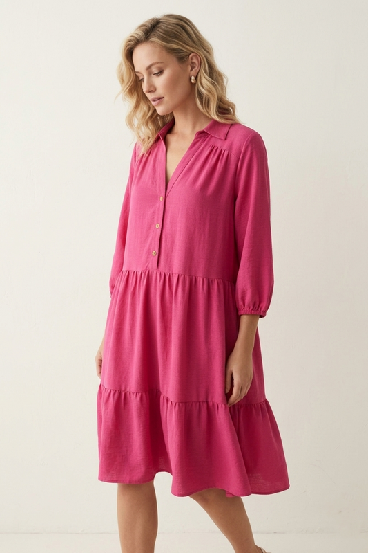 3960 Hot Pink Tiered Dress with Button Detail Dress