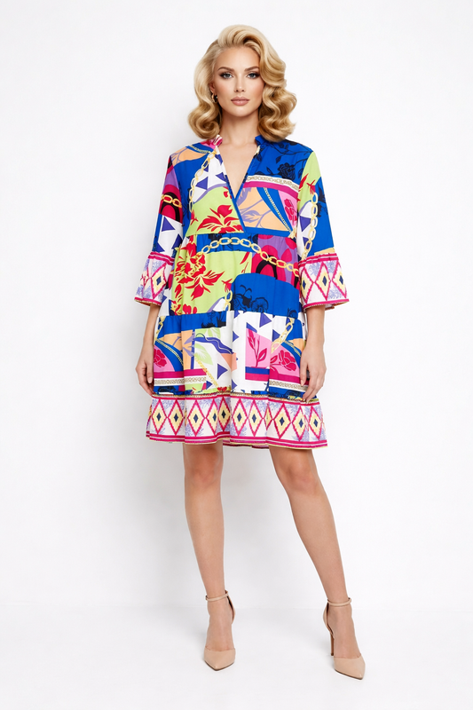 85010 Royal Blue Floral Chain Tiered Dress