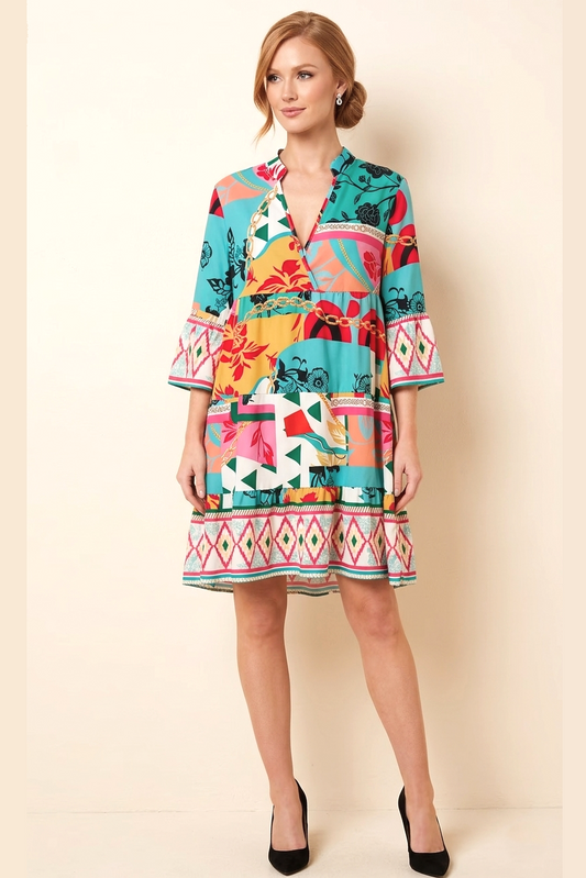 85010 Turquoise Floral Chain Tiered Dress