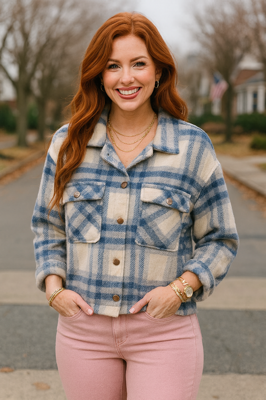 15134 Blue Plaid Button-Up Shacket
