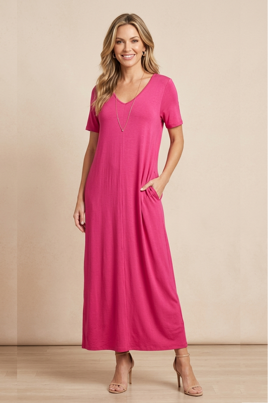 1025 Hot Pink Flowy V-Neck Maxi Dress with pocket