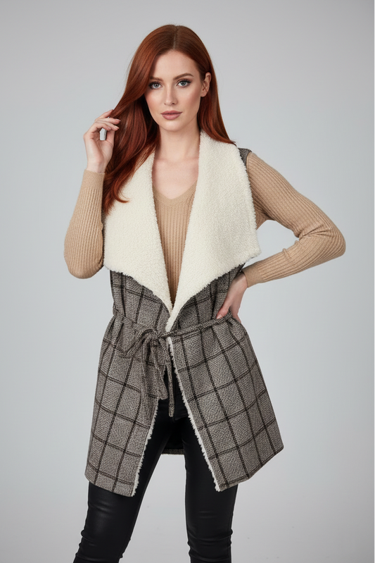 11329 Brown Plaid Vest with Tie-Belt and Faux Shearling Collar