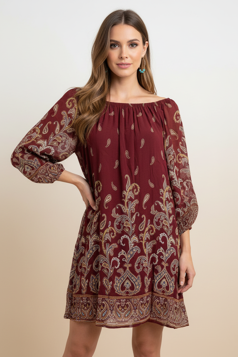 116 Crimson Gypsy Paisley Print Dress