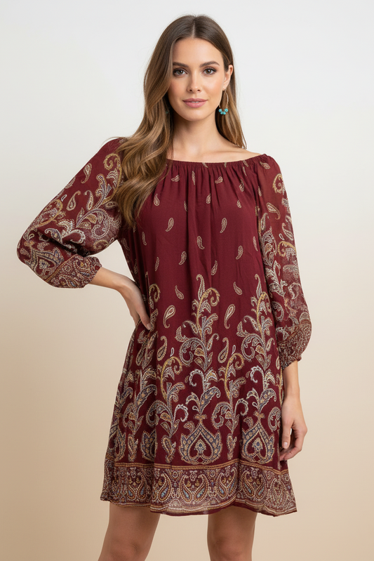 116 Crimson Gypsy Paisley Print Dress