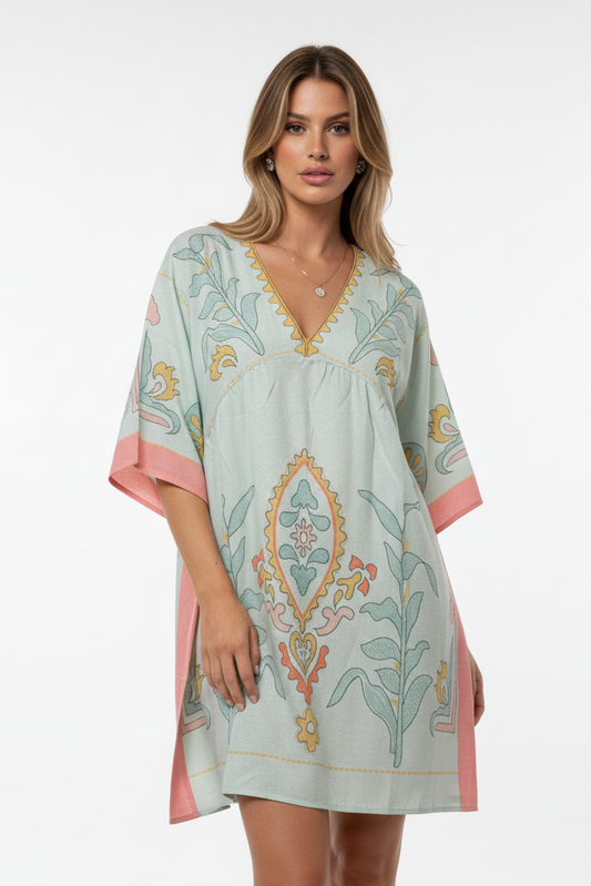14448 Sage & Blush Floral Print V-Neck Dress