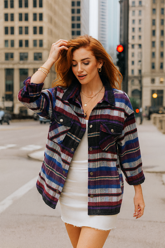 1817 Indigo Blue Burgundy Plaid Shacket