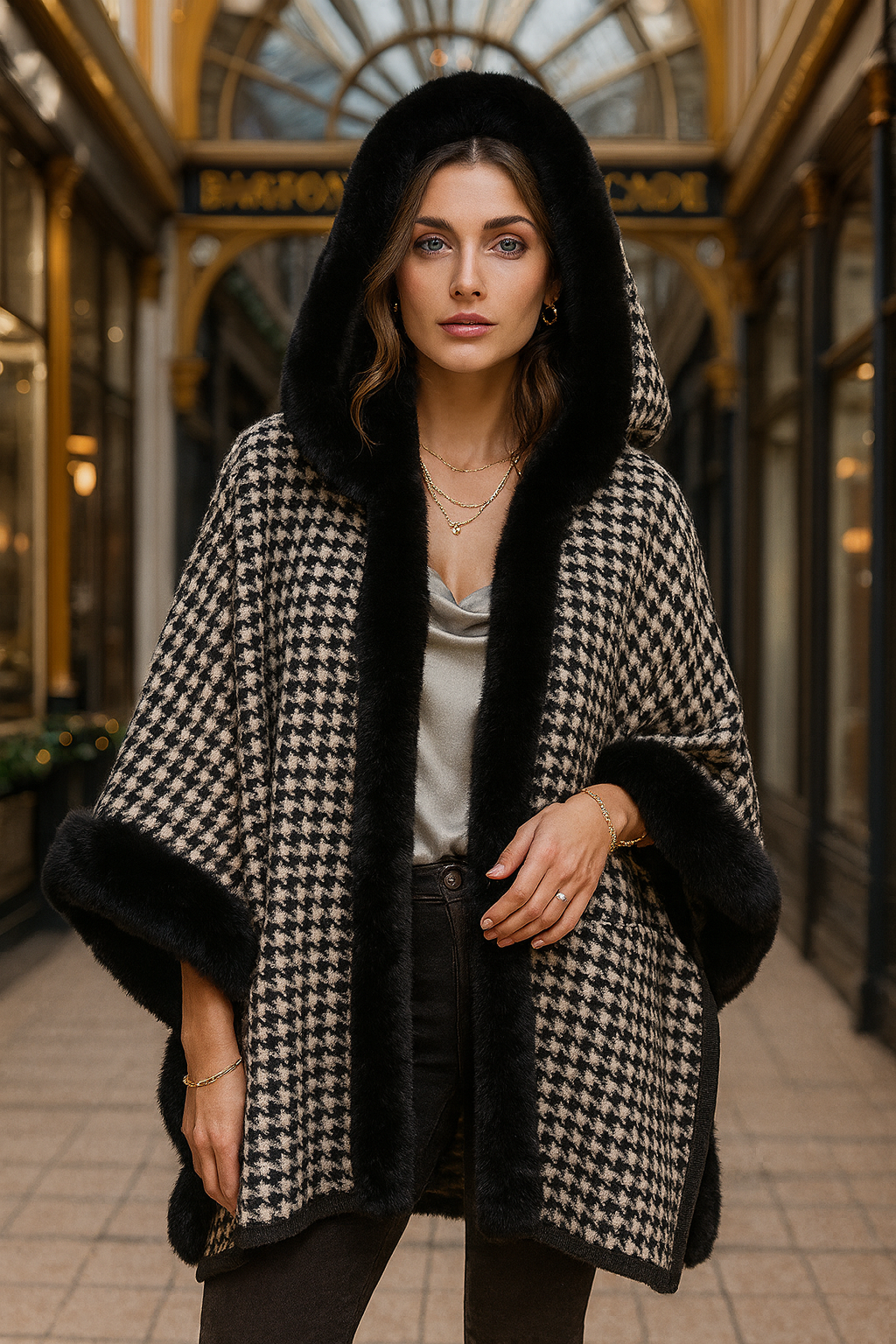 185 Black & White Fur-Trim Cape with hoodie