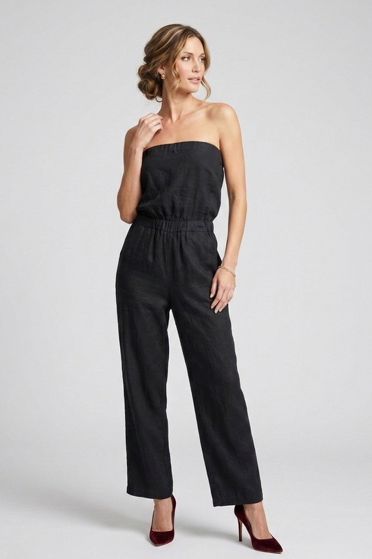 1869 Midnight Black Chic Linen Jumpsuit with pockets