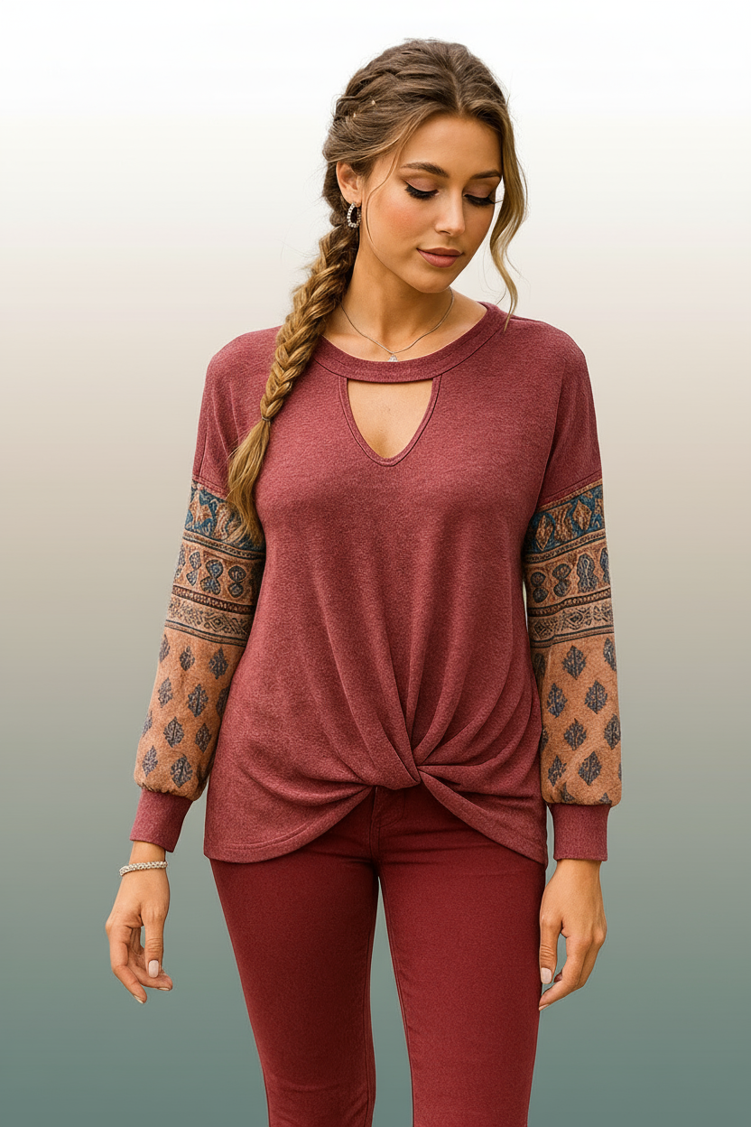 1918 Burgundy Twist Front Long Sleeve with Keyhole Neckline