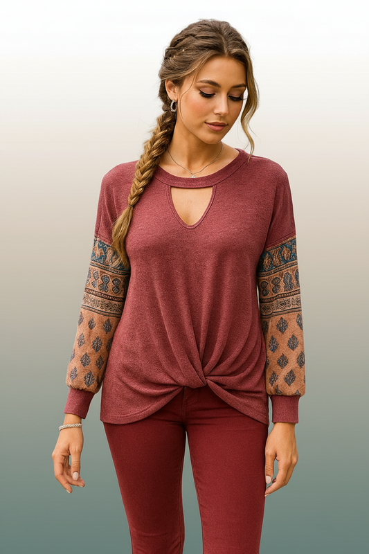 1918 Burgundy Twist Front Long Sleeve with Keyhole Neckline