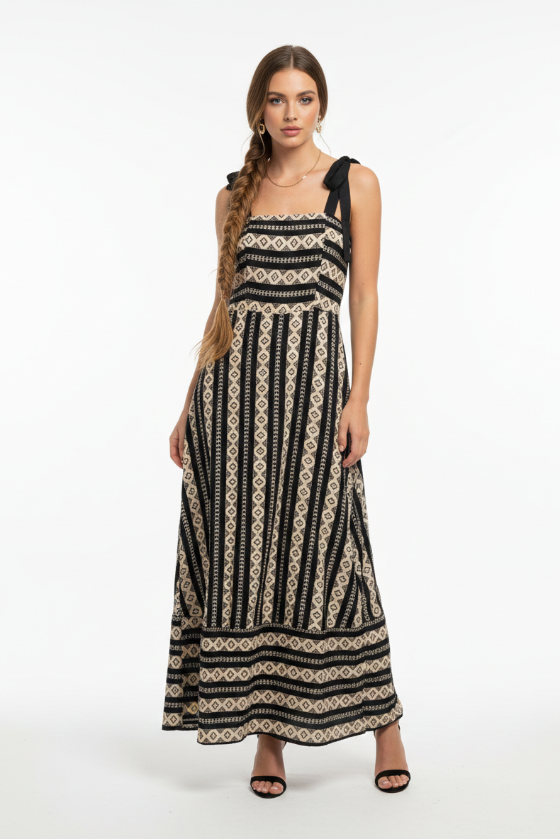 2009 Boho Luxe Black & Cream Maxi Dress