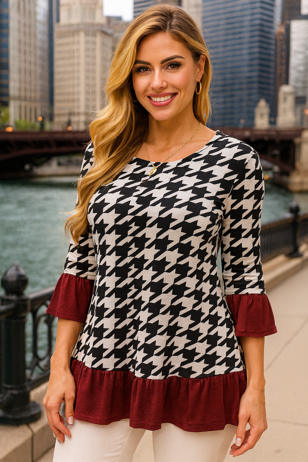 2069 Black & White Houndstooth with Burgundy Trim Top