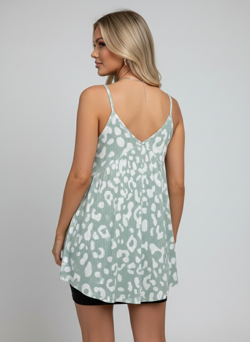 2292 Sage Green Leopard Print Babydoll Top