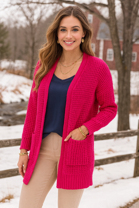 2734 Fuchsia Glow Waffle Knit Pocket Cardigan
