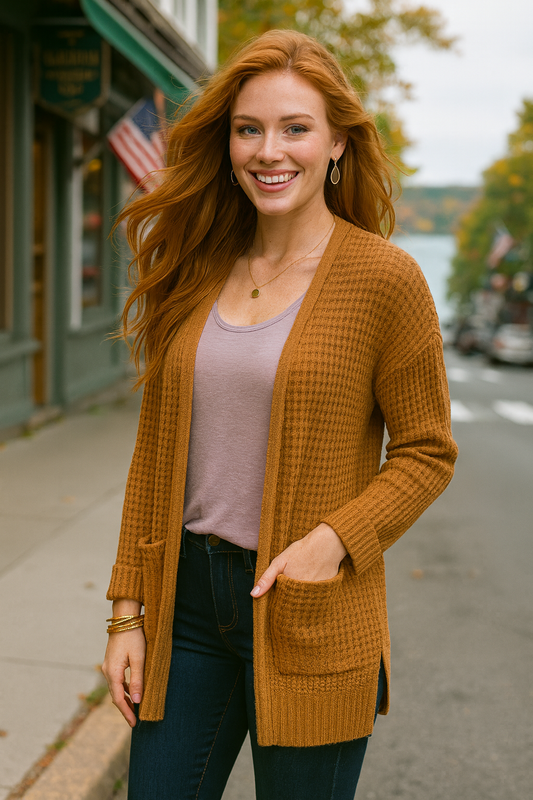 2734 Golden Caramel Waffle Knit Pocket Cardigan
