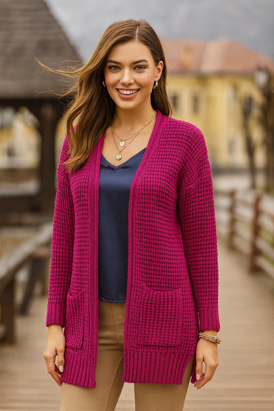 2734 Raspberry Pink Waffle Knit Pocket Cardigan