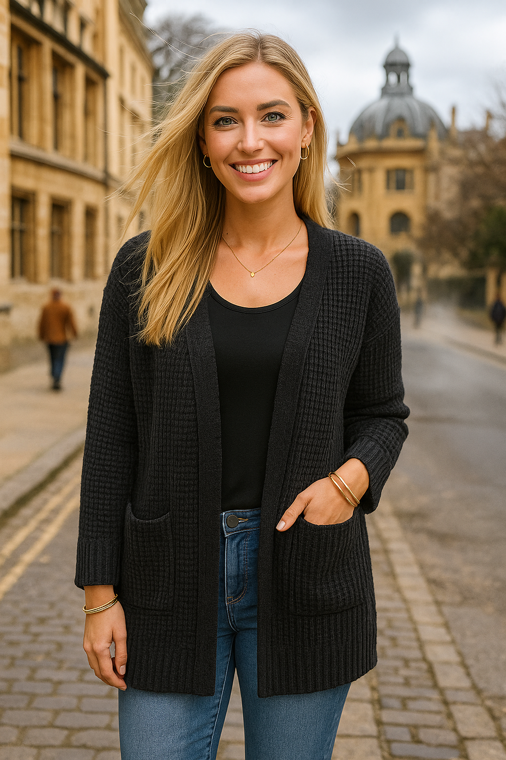 2734 Black Waffle Knit Pocket Cardigan Plus