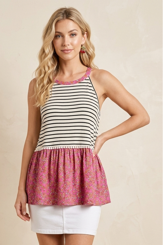 3280 Stripe and Floral Sleeveless Top