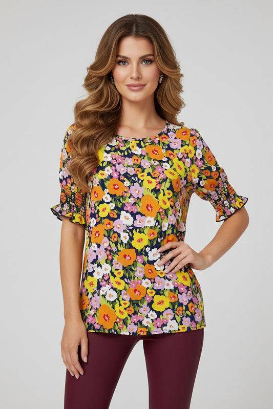 3343 Bright Floral Smocked Sleeve Blouse