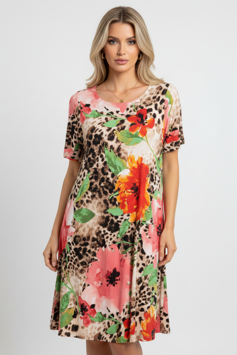 3500 Wild Bloom Floral & Leopard Midi Dress