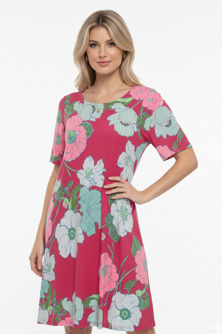 3500 Raspberry Floral Flow Midi Dress