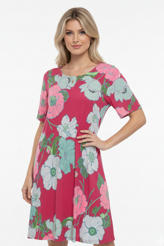 3500 Raspberry Floral Flow Midi Dress