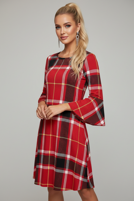 3593 Red and Black Bell-Sleeve Dress