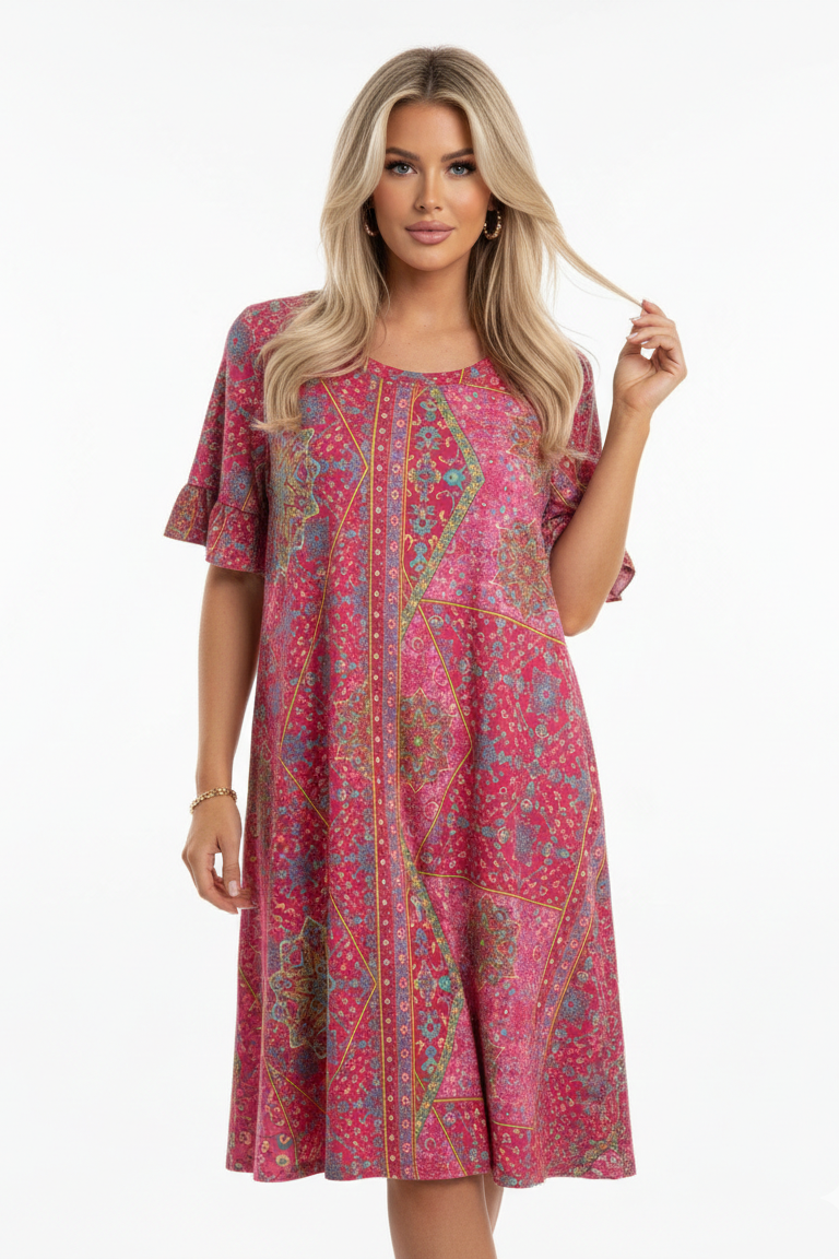 3600 Pink Boho Ruffle Sleeve Dress with side pockets