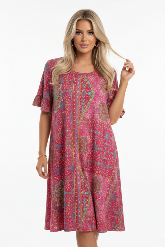 3600 Pink Boho Ruffle Sleeve Dress with side pockets
