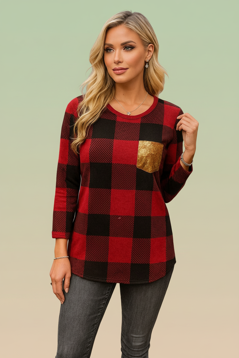 3640 Red & Black Checkered with Gold Pocket Long Sleeve