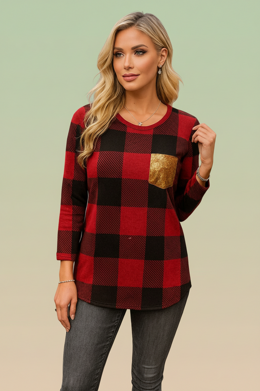 3640 Red & Black Checkered with Gold Pocket Long Sleeve