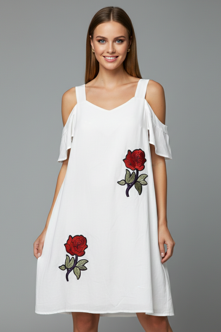 3688 White Embroidered Rose Cold Shoulder Dress