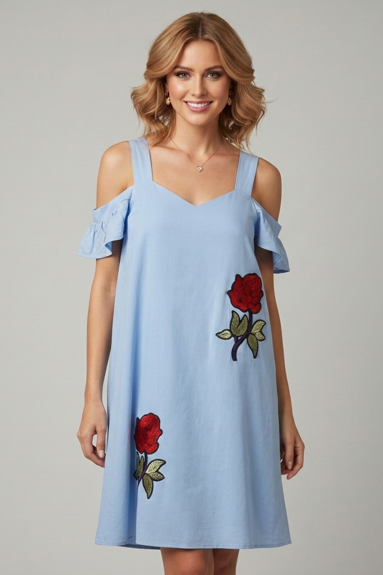3688 Baby Blue Embroidered Cold Shoulder Dress