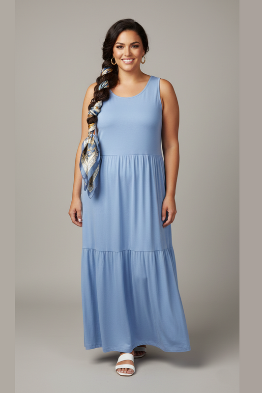 43050 Coastal Blue Tiered Maxi Dress Plus