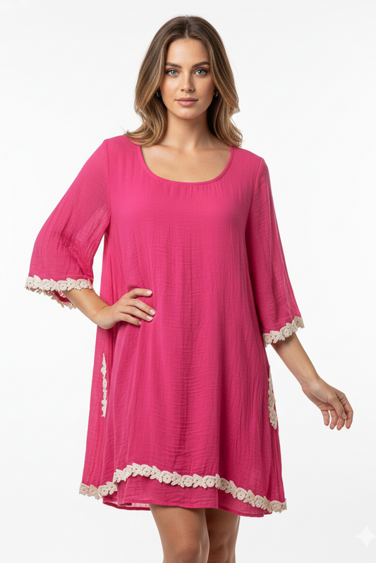 4357 Raspberry Boho Lace-Trim Dress with side pockets