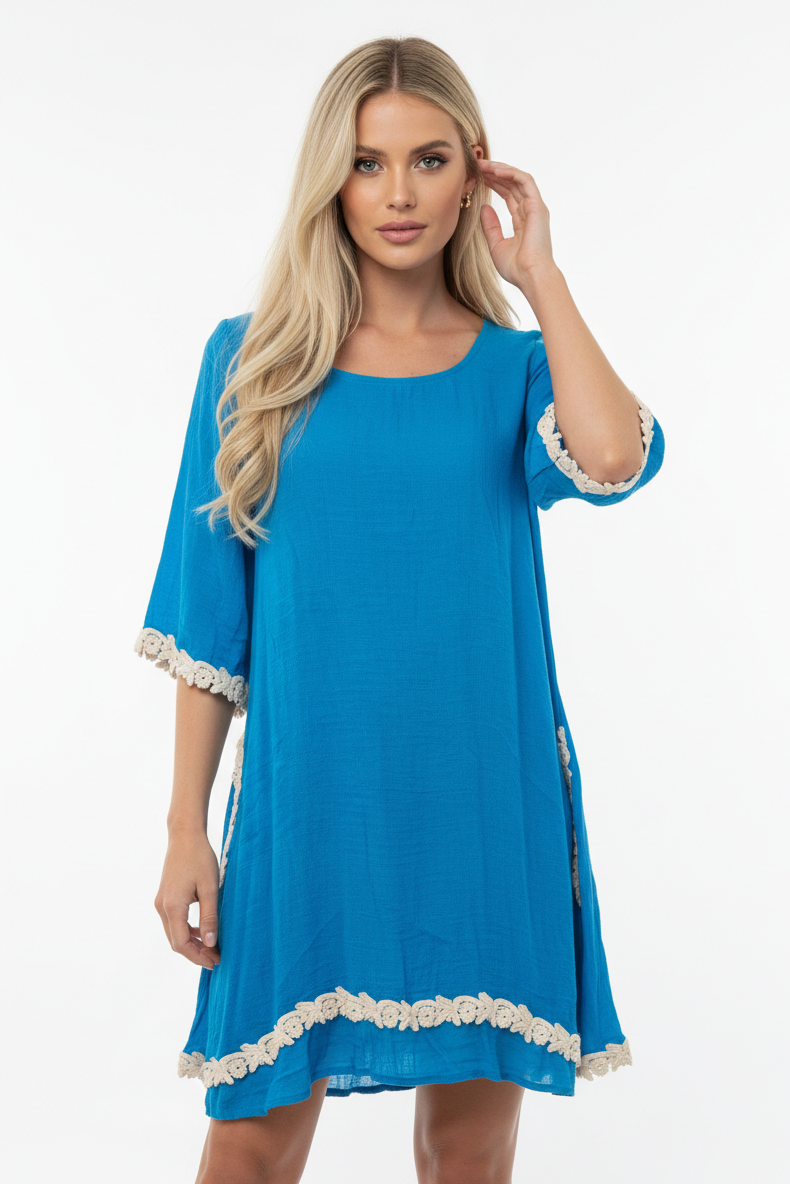 4357 Blue Horizon Boho Lace-Trim Dress with side pockets