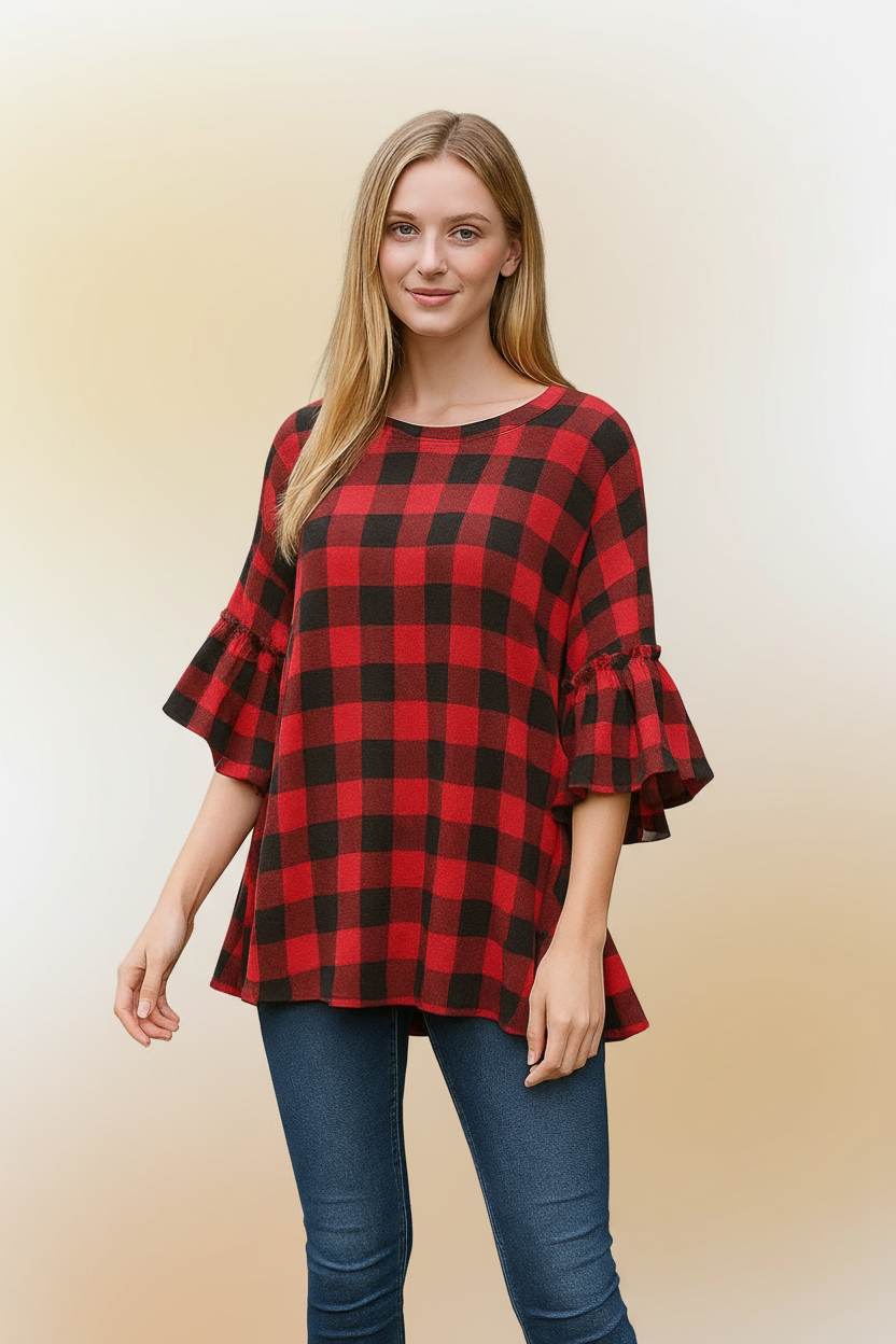 5239 Red and Black Plaid Blouse with Bell Sleeves