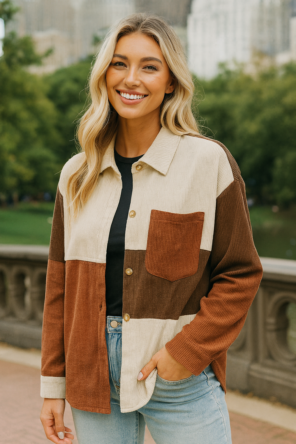 534 Rust & Cream Colorblock Button-Up Long Sleeve